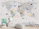 Peel and Stick Vinyl Wallpaper Minimalist Kids' World Map Mural in Grey – Wall Mural for Children’s Room