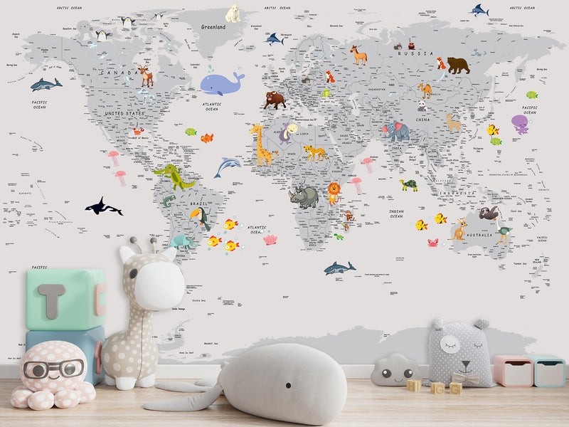 Peel and Stick Vinyl Wallpaper Minimalist Kids' World Map Mural in Grey – Wall Mural for Children’s Room