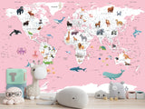 Print for Kids' Room Full Wall Self-Adhesive Wallpaper – Kids' World Map on Pink Background