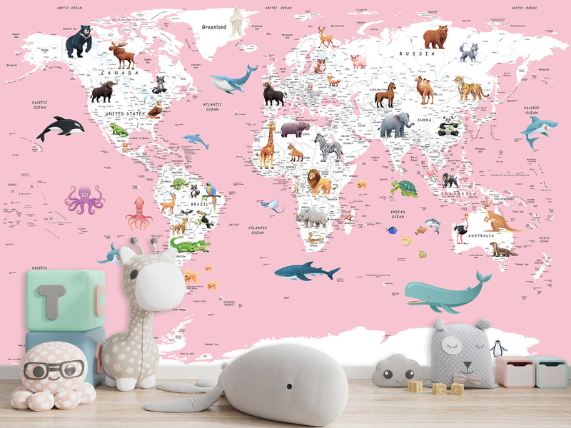Print for Kids' Room Full Wall Self-Adhesive Wallpaper – Kids' World Map on Pink Background