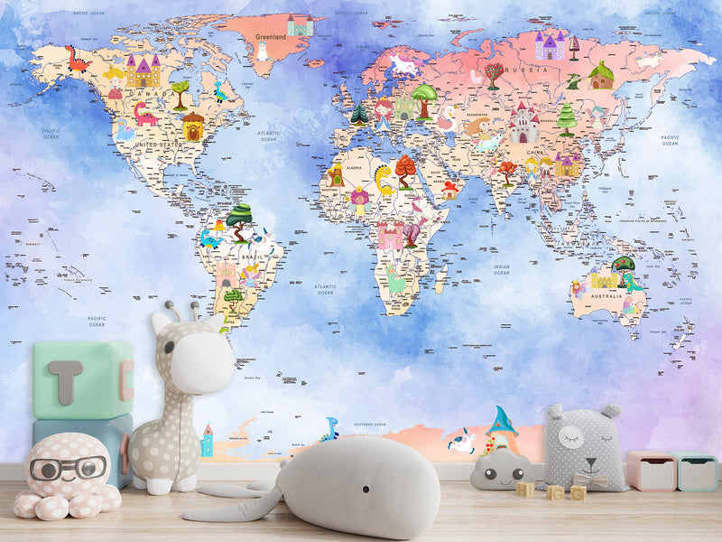 Peel and Stick Vinyl Wallpaper Magical World Map Mural for Kids – Interactive & Educational