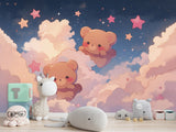 Cartoon Background Peel and Stick Mural For Kids Room Or Nursery "Cute Teddy Bears Among Stars On Clouds"
