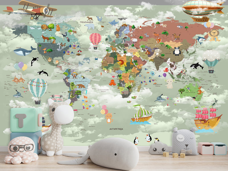 Non-Woven Mural 3D Effect Kids' World Map Wallpaper with Funny Animals – Wall Mural for Children’s Room