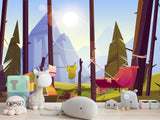 Non-Wowen Wallpaper Wallpaper For Toddlers – Camping In The Forest Cartoon-Style Kids Room Decor