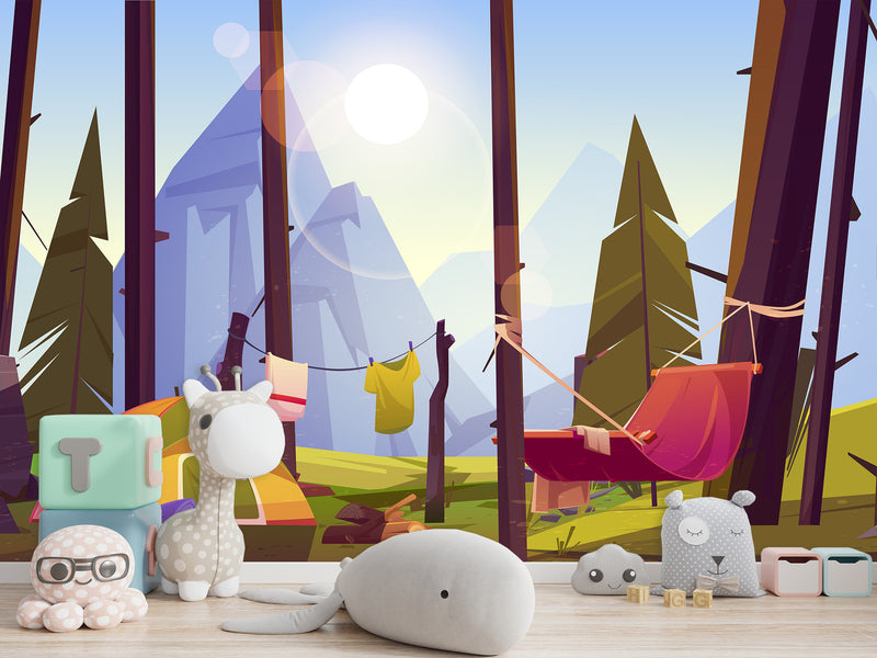 Non-Wowen Wallpaper Wallpaper For Toddlers – Camping In The Forest Cartoon-Style Kids Room Decor