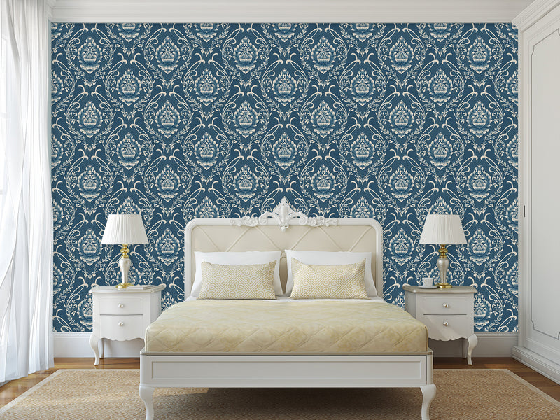 Vintage Non-Woven Photo Wallpaper Accent Wall Mural "Vintage Lotus Ornament on Dark Blue Background"