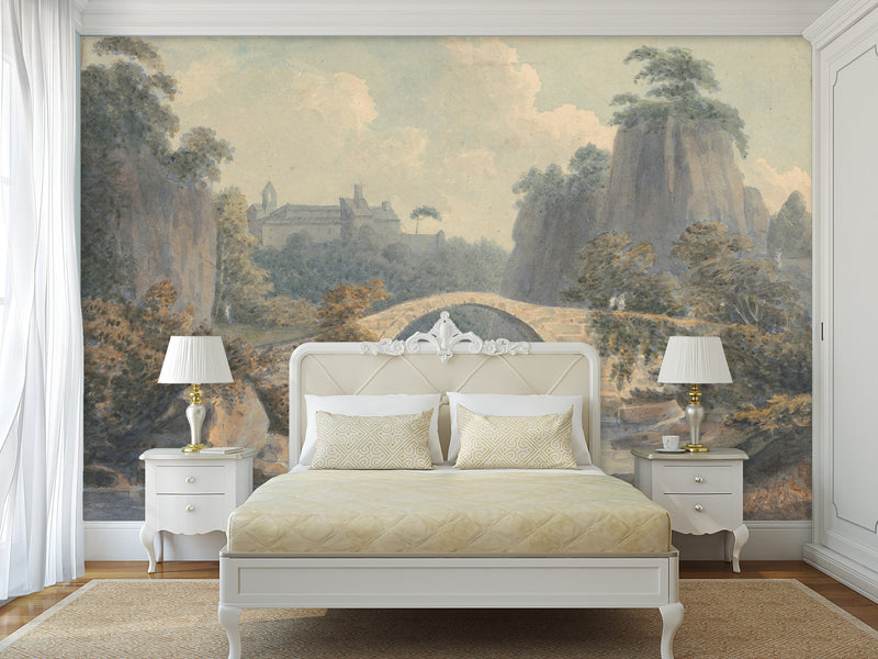 Peel and Stick Wall Mural – John Warwick Smith – River Landscape with a Single Arched Bridge – Full Wall Art for Home Interior