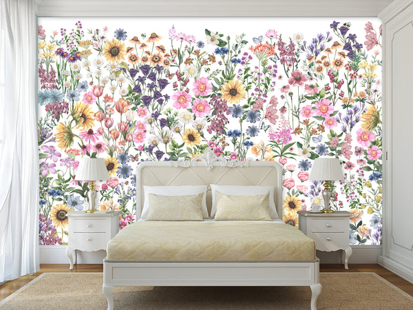 🌸Floral Print For Home Design Non-Woven Wall Murals "Watercolor Wildflowers" For Living Room, Creative Space, Bedroom 🌸