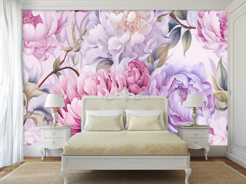 Floral Print Vinyl Wallpaper  Peel and Stick for Bedroom or Living Room – "Violet Peonies"