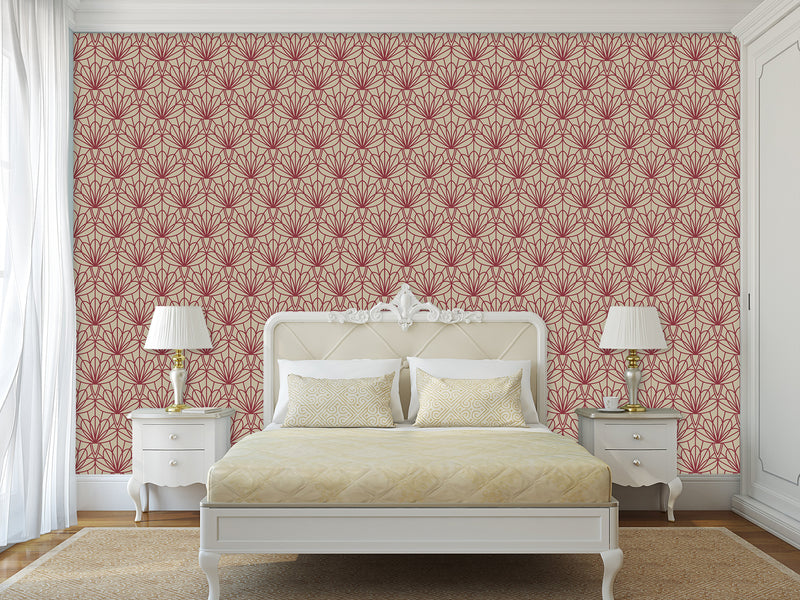 Elegant Art Deco Wallpaper “Wine Lotus” — Peel And Stick Design For Bedroom Or Living Room