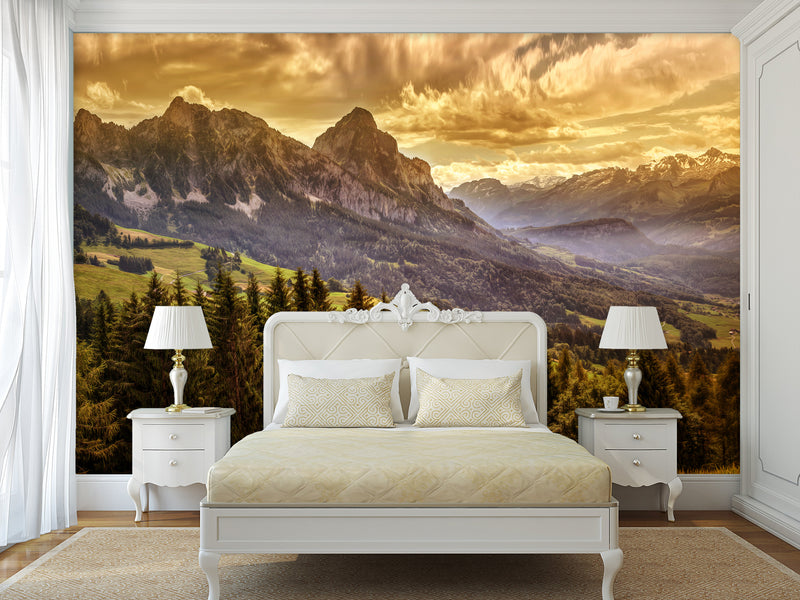 Traditional Full Wall Mural for Lounge or Bedroom – Mountains, Valleys, and Forest Landscape