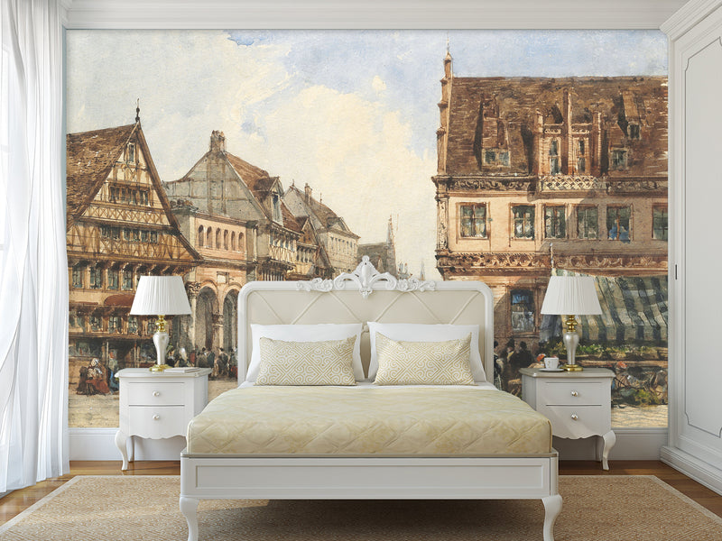 Traditional Full Wall Wallpaper – “William Wyld: A Street in Hanover” Living Room or Bedroom Print