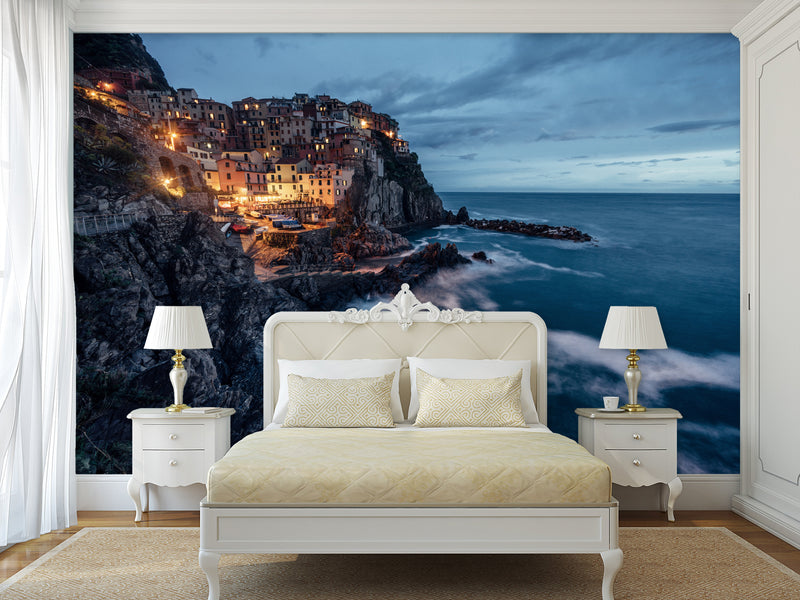Unique Print For Home Design Self-Adhesive Wall Mural Full Wall Design For Living Room, Bedroom, Lounge Area "City On Sloping Mountains By The Sea"