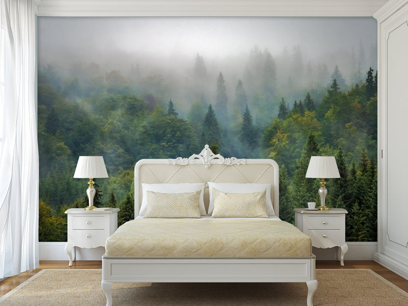 Peel and Stick 3d photo wallpaper Misty Forest Wallpaper – Foggy Woods Wall Mural for Nature-Inspired Interior Decor