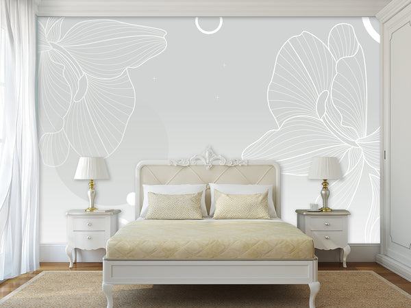 Modern Minimalist Style Non-Woven Wallpaper – "Flower Outline on Gray Background", Perfect for Bedroom or Living Room Desing