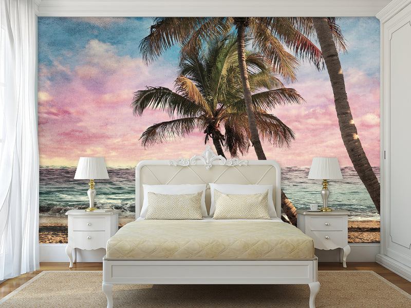 Natural Print Traditional Wall Mural 'Tropical Beach at Sunset', Decor for Office, Bedroom, Living Room