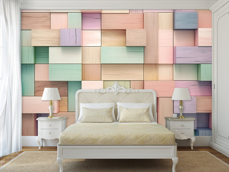 Calm Tone Wallpapers – Non-Woven Wall Murals, 3D Abstract Wallpaper "Colorful Wooden Cubes", Decor for Bedroom, Living Room, Kids' Room
