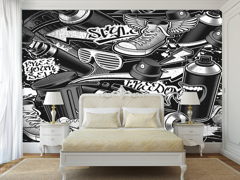 Comic Style Print High-Quality Vinyl Wallpaper Peel and Stick For Wall For Teen Room Studio "Black And White Graffiti"