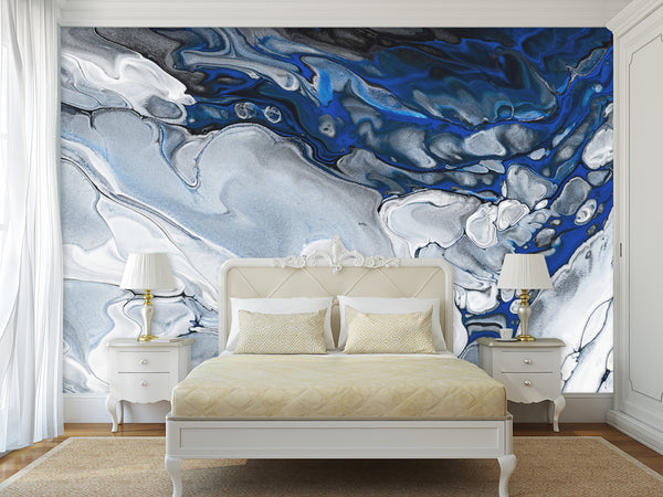 Art Print Design Non-Woven Wallpaper For Living Room, Relax Zone, Bedroom Abstraction "Blue Marble Waves"