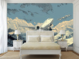Full Wall Traditional Wallpaper For Office, Home Workspace, Or Studio "Aircraft Flying In The Sky Over Mountains" Comic Style