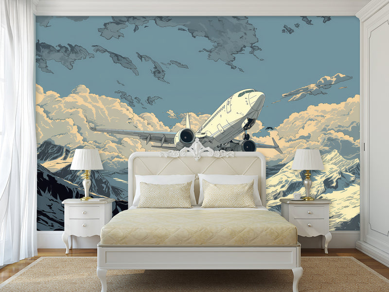 Full Wall Traditional Wallpaper For Office, Home Workspace, Or Studio "Aircraft Flying In The Sky Over Mountains" Comic Style