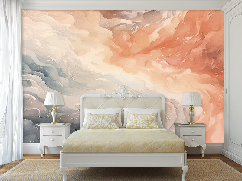 Print Abstraction On Wall Vinyl Wallpaper Peel and Stick For Bedroom Living Room "Pink Blue Waves"