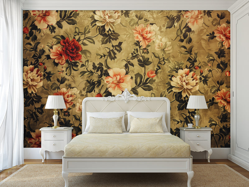 Floral Print Self-Adhesive Mural for Bedroom Decor, Living Room, or Kitchen – "Vintage Style Flower Composition