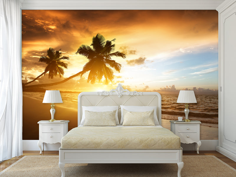 Vinyl Wallpaper Peel & Stick for Living Room or Bedroom – "Sunset on the Beach" Accent Wall Mural