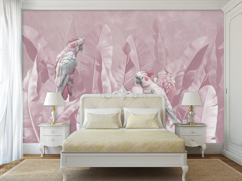 Tropical Pastel Botanical Print Peel and Stick Mural “Parrots in Palm Leaves” – Perfect for Decorating Bedrooms and Living Rooms