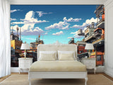 Modern Self-Adhesive Wallpaper – "Anime-Style City" Art Design for Bedroom or Living Room