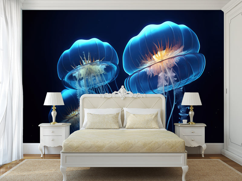 Sea Print Vinyl Wallpaper Peel and Stick – Unique Design Mural "Jellyfish", Wall Mural for Office or Living Room