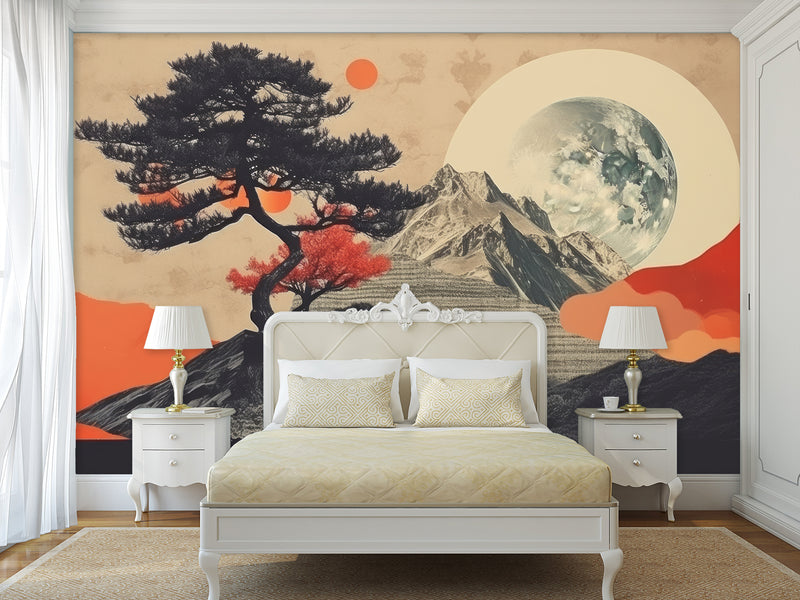 Traditional Full Wall Mural in Vintage Style, Modern Mountains and Moon for Bedroom, Hall 🌙🏔️