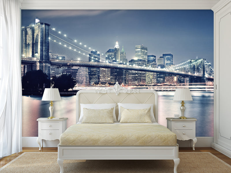 Traditional Wallpaper "Brooklyn bridge at night" New York city – Wall art Wall Mural for Bedroom Kitchen & Living Room