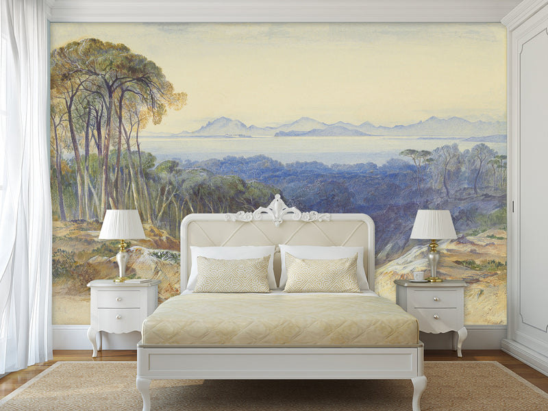 Self-Adhesive Full Wall Mural Accent French Riviera Landscape Wallpaper – Edward Lear for Living Room or Bedroom Design