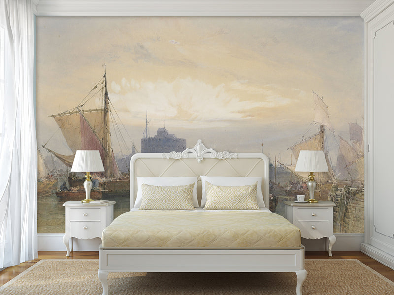 Self-Adhesive Wall Mural Full Wall Accent Wallpaper for Living Room or Bedroom Design "Fishing Boats Waiting for the Tide, Port of Havre"