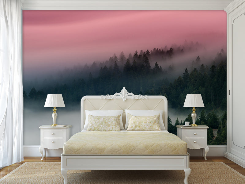 Peel & Stick Wall Mural – "Emerald Sky Over the Foggy Forest",  Vinyl Wallpaper For  Living Room, Bedroom, Or Stylish Home Interior Decor