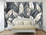 High-Quality Nature Print Self-Adhesive Wallpaper – Wall Print Mural for Bedroom, "Silver Leaves: A Play of Light and Shadow"