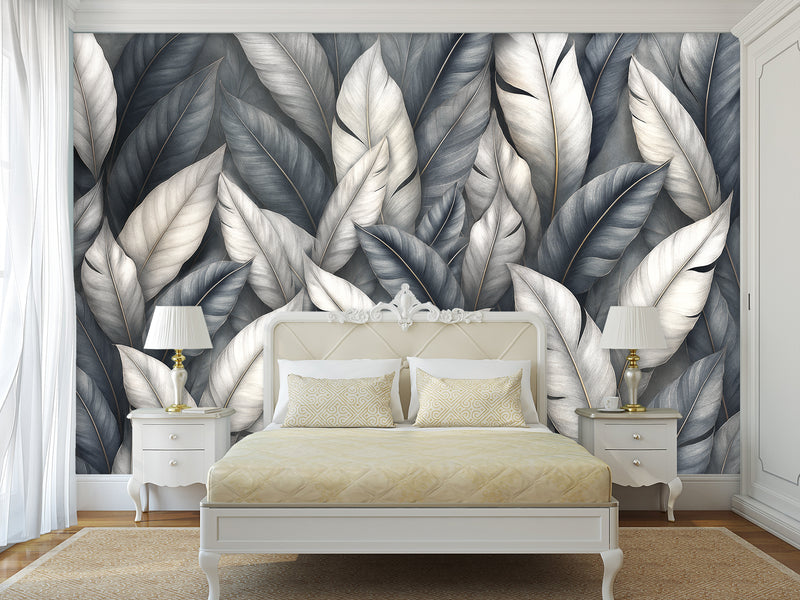 High-Quality Nature Print Self-Adhesive Wallpaper – Wall Print Mural for Bedroom, "Silver Leaves: A Play of Light and Shadow"