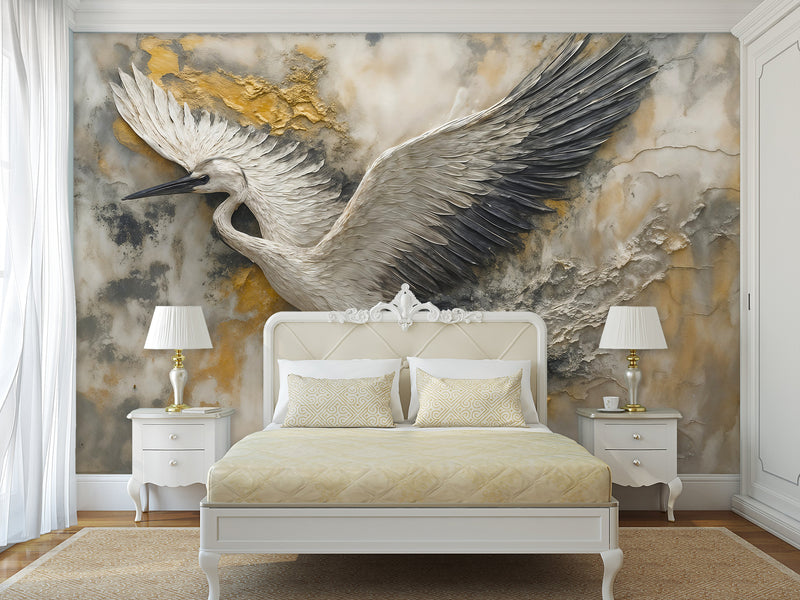Non-Woven Wallpaper with Art Print "Flight of the Stork" — Artistic Wall Mural for Home Interior