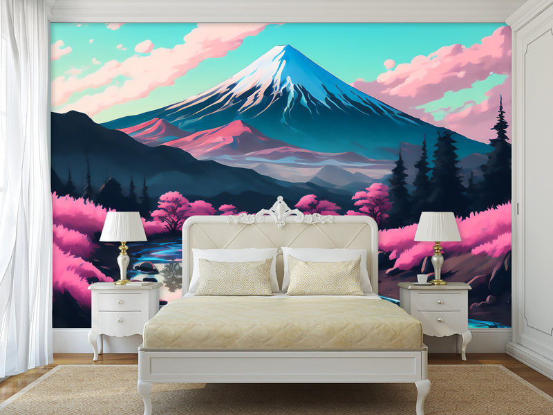 Artistic Design Vinyl Wallpaper Peel and Stick Wall Mural for Living Room, Office, Perfect for Creative Space "Mount Fuji in Anime Style" 🎨