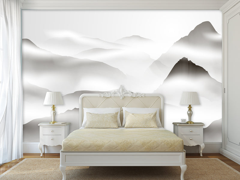 Natural Wall Mural, Calm Tones for Hall or Living Room, Non-Woven Full Wall Mural "Silhouettes of Mountains in Clouds" 🌄