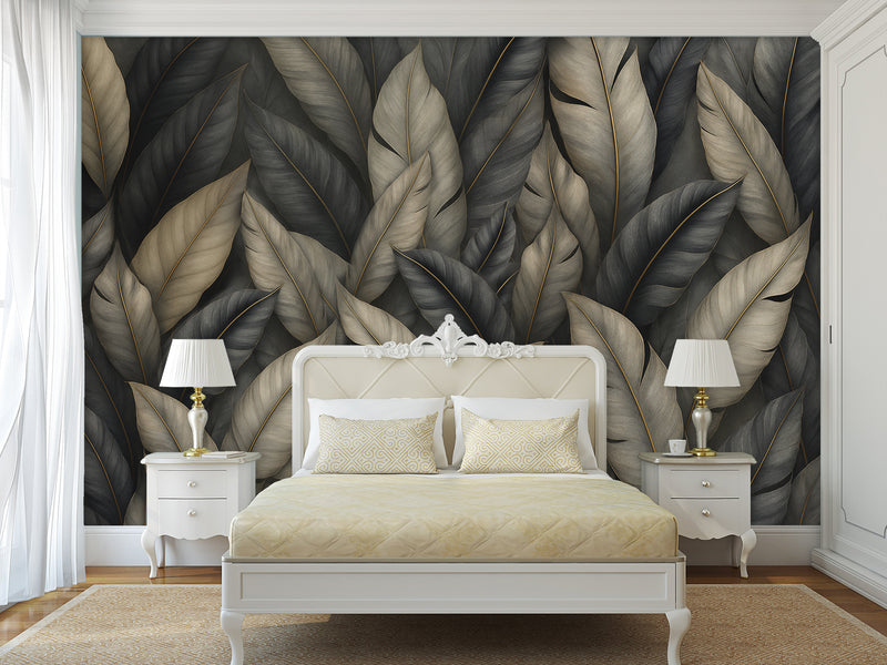 Natural Print Vinyl Wallpaper Peel and Stick For Living Room, Bedroom "Dark Chic: Abstract Leaves"