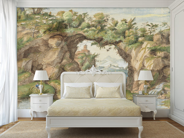 Non-Woven Art Wallpaper – “A Rocky Arch by a Stream” by Gherardo Cibo – Wall Mural for Living Room, Bedroom & Office