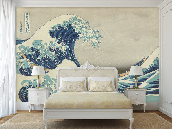 Non-Woven Full Wall Vintage Style Art Print Wallpaper, Japanese Style "The Great Wave Off Kanagawa"