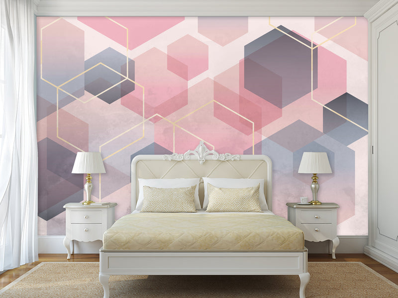 Abstract Modern Non-Woven Wall Mural 'Pink Honeycombs', Decor for Office, Bedroom, Living Room