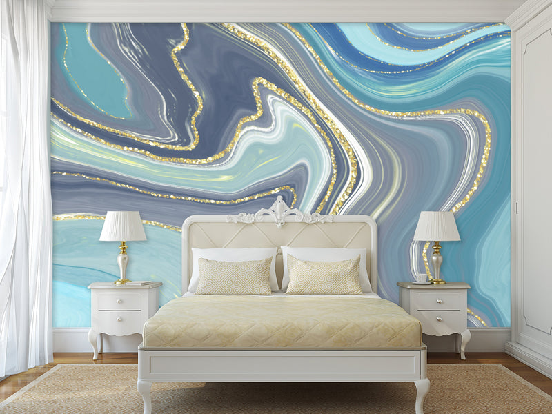 Abstract self-adhesive wallpapers for creating an art space, for office, living room "Gold and Blue Flow"