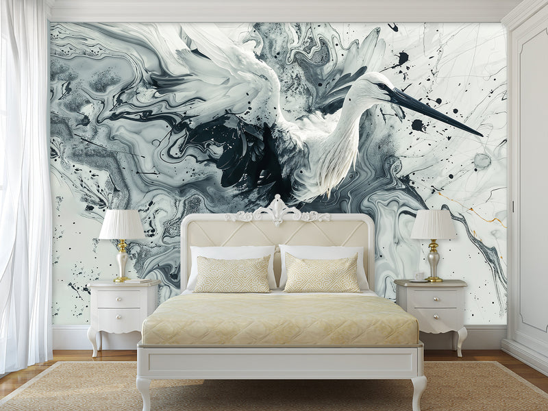 Full-Wall Peel and Stick Wallpaper – Art Print "Dance of the Stork in Abstraction" Mural for Office, Study, or Living Room