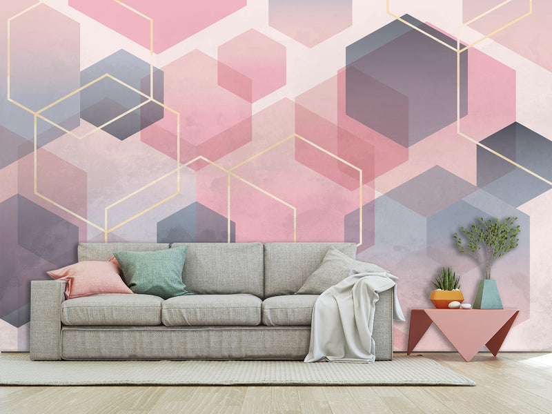 Abstract Modern Non-Woven Wall Mural 'Pink Honeycombs', Decor for Office, Bedroom, Living Room