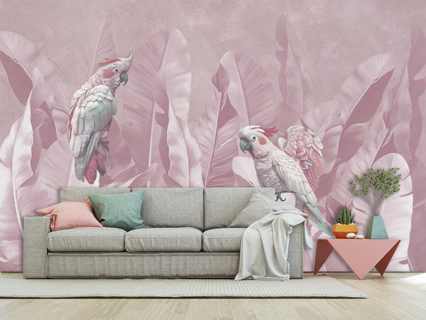Tropical Pastel Botanical Print Peel and Stick Mural “Parrots in Palm Leaves” – Perfect for Decorating Bedrooms and Living Rooms