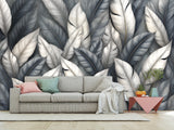 High-Quality Nature Print Self-Adhesive Wallpaper – Wall Print Mural for Bedroom, "Silver Leaves: A Play of Light and Shadow"
